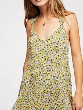 Free People Yellow Floral V-Neck Braided-Strap Mini Sundress